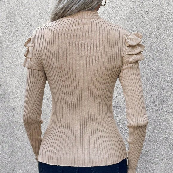 Mock Neck Button Detail Ruffle Trim Ribbed Knit Sweater Apricot - Picture 3 of 6